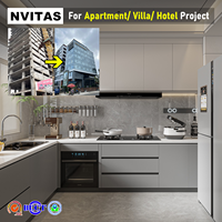 Meuble de cuisine modulaire en bois NVITAS 72 heures avec comptoir stratifié, robinet et évier pour application en centre commercial, construction en contreplaqué et MDF