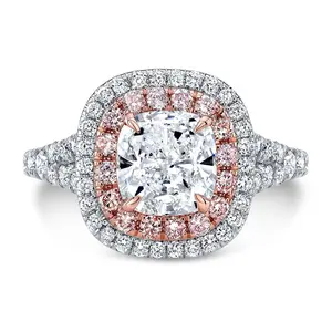 两色镀双光环密镶分裂柄粉红色钻石垫形切割订婚戒指