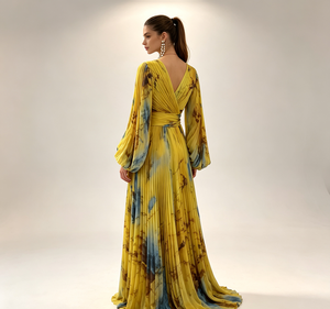 Abito lungo da donna 2026 <span class=keywords><strong>giallo</strong></span> con stampa marmorizzata, plissettato, casual, scollo a V, maniche a sbuffo, per serate ed eventi, tinta unita - Product Image 5