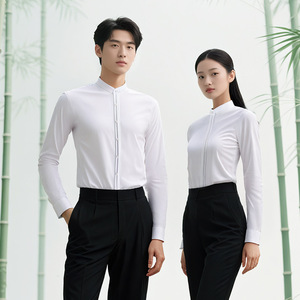 Bamboo Fiber Professional Shirt Long Sleeve Stand Up Collar Unisex Solid Color Workwear Set - Product Image 3