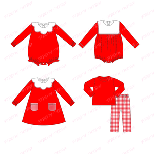 Abito personalizzato con pettine e pettorina con colletto rosso pagliaccetto in cotone natale a manica lunga vestiti da bambina - Product Image 1