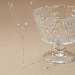 Trendige 2-lagige Y-förmige lange Anhänger-Halskette mit weißen Zirkonia aus Edelstahl, 18K vergoldet, Großhandel, kundenspezifische Anpassung für Damen - Product Image 4
