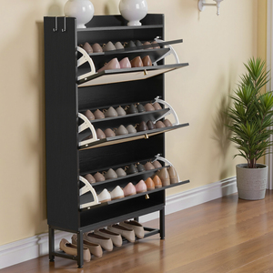 Meuble à chaussures modulaire en bois noir moderne, gain de place, avec portes à panneaux en maille, étagères réglables à deux positions, amovibles, salle à manger - Product Image 2