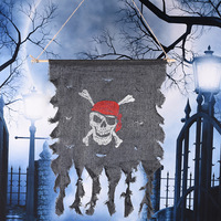 Décorations d'Halloween De Long : Drapeau de pirate en coton, Bandana rouge à tête de mort, Accessoires tête de fantôme, Décorations suspendues effrayantes pour fête et maison hantée