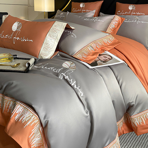 Selected Fashion Luxury Four-Piece <b>Bedding</b> <b>Set</b> 100 Cotton Duvet Cover Fitted Sheet All Season Breathable Solid Color - Product Image 3