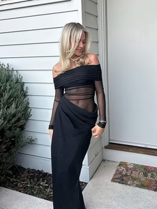 Mesh See Though <strong>Dress</strong> Wholesale Off the <strong>Shoulder</strong> <strong>Maxi</strong> <strong>Dress</strong> Custom logo Solid Color Simple <strong>Dress</strong> Factory Direct - Product Image 4