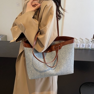 Borsa Tote in Denim e Pelle PU, Grande Capacità, Borsa <span class=keywords><strong>a</strong></span> Spalla da Donna con Finiture <span class=keywords><strong>a</strong></span> Contrasto per <span class=keywords><strong>Lavoro</strong></span> e Shopping - Product Image 2