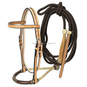 Ensemble de bridon d'entraînement pour chevaux Western en cuir véritable Rawhide Bosal avec têtière et rênes Mecate – Équipement d'équitation de qualité supérieure – Vente en gros - Product Image 1