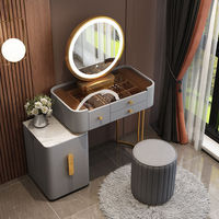 Coiffeuse de luxe en bois massif avec plateau en verre, miroir à 3 couleurs lumineuses, entièrement assemblée, table de maquillage haut de gamme pour chambre à coucher
