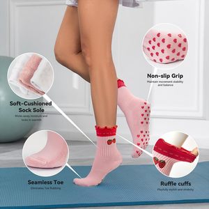 Personalizado Plissado Punhos Anti Slip Rosa Bonito Mulheres Yoga Pillates Meias Bordadas Seu Logotipo Aderência Meias - Product Image 2