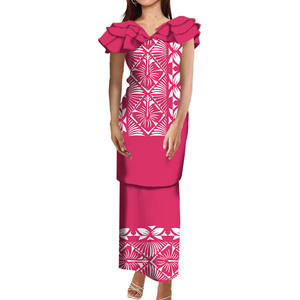 Setelan atasan dan rok 2 potong motif Tribal Polinesia, setelan atasan dan rok kustom leher V kerut berlapis rumbai, keluaran baru - Product Image 2