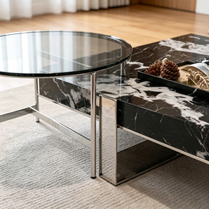 Modern Black Marble Coffee <b>Table</b> with Metal Frame Contemporary Living Room Furniture <b>Nesting</b> Design - Product Image 2