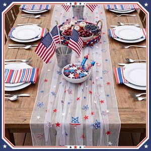 Tiamon Patriotic Table <b>Runner</b> 28 x 120 Inch Embroidered Stars Red White <b>Blue</b> Party Decor USA Flag Theme - Product Image 4