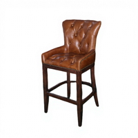Tabouret de bar bistrot rétro vintage rustique, chaise haute avec boutons anciens, cuir véritable, structure en bois massif, stable, pour hôtel, bar de luxe à domicile