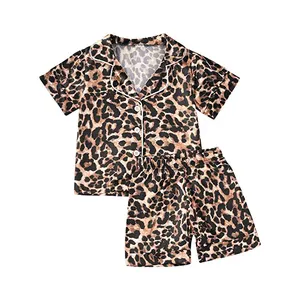 Supply Boy Satin Short Sleeve Button Down Elastic Waist Leopard Designers Silk Pajamas