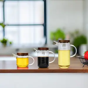 Distributeur de bouteille d'huile d'olive en verre avec poignée Couvercle en bois d'acacia ustensiles de cuisine Bouteille graduée d'huile de vinaigre Bocal en verre transparent