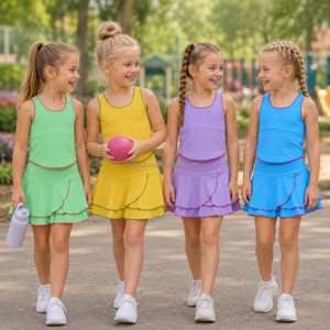 <span class=keywords><strong>Ensemble</strong></span> haut sans manches en tissu de yoga et jupe festonnée pour filles, tenue pour enfants pour l'école et le <span class=keywords><strong>sport</strong></span>, logo, couleur, taille et motif personnalisés - Product Image 3
