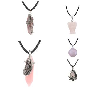 Fantasy Black Leather Rope Cord Natürliche Rosenquarz Stein Schädel geformte charmante Anhänger Halskette - Product Image 1