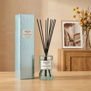 Diffuseur de parfum à bâtonnets Aikun, verre cylindrique transparent haut de gamme 192 ml, parfum longue durée, avec bâtonnets noirs, boîte cadeau bleue pour la décoration intérieure - Product Image 1