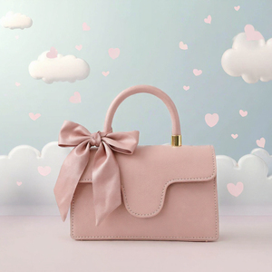 Bolso de Mano de Cuero Genuino Rosa con Decoración de Lazo, Cierre de Solapa Elegante, Forma Cuadrada, Bolso de Uso Diario para Mujer - Product Image 2