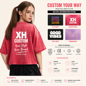 XH Custom Women's Black <b>Crop</b> <b>Top</b>, Short Sleeve Crew Neck Loose Fit Casual T-Shirt with Screen Print, Spring Summer Cotton Jersey - Product Image 3