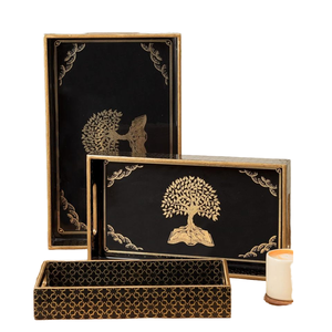 Plateau décoratif rectangulaire en bois au design moderne, motif floral, technique plaquée or, résistant à la chaleur, léger pour Noël - Product Image 1