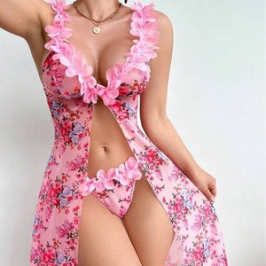 Robes de lingerie transparentes en spandex pour femmes, style nuisette longue fendue à bretelles, ODM - Product Image 2