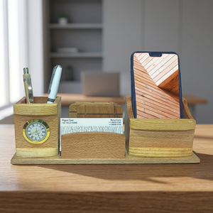 wooden <b>desk</b> organizer Office gift with clock Phone <b>stand</b> pen holder Wooden <b>desk</b> organizer gift - Product Image 2