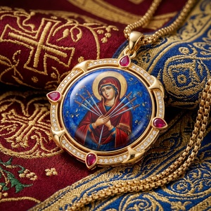 Colgante Religioso de Latón con Lapislázuli, Suavizante de Corazones Malvados, Regalo Curativo para la Paz Interior, 7 Espadas, Ícono Pintado a Mano, Cadena Figaro - Product Image 1