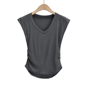 Camiseta de manga mariposa con volantes laterales y cuello en V para mujer, Top elástico de Color sólido, 2022 - Product Image 5