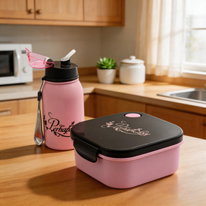 Pink <b>Lunch</b> Box And Water Bottle <b>Set</b> With Cutlery For Kids Large Square Type - Product Image 1