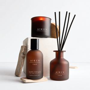 Aikun Amber Glass Botanical Three Piece Home <b>Fragrance</b> Gift Set with Candle Reed Diffuser Room Linen Spray Custom Packaging - Product Image 1