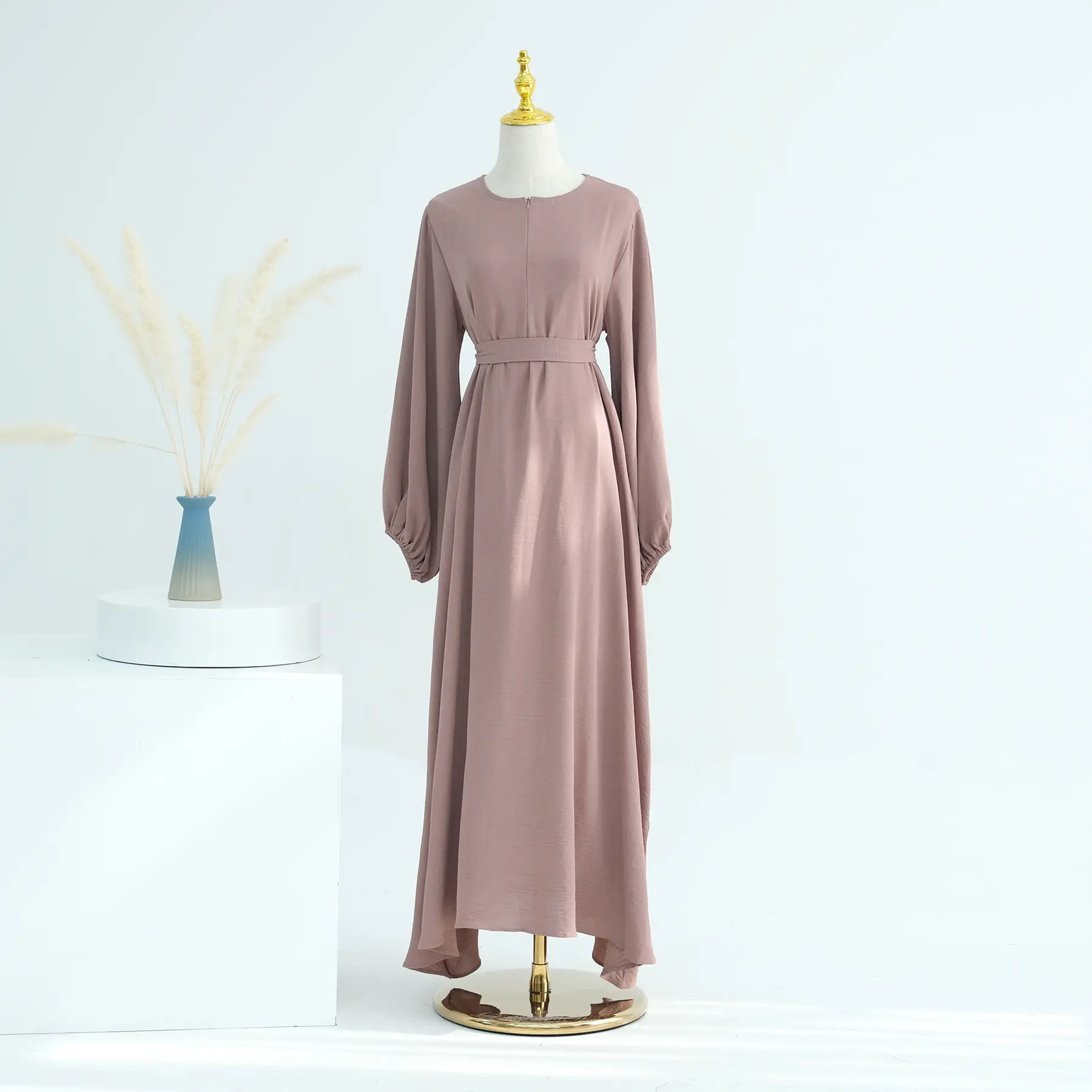 2024 EID Wholesale Ramadan Dubai Tunic Modest Plain Inner Slip Dress Long Sleeve Wrinkle Jazz Crepe Muslim Women Abaya Dress