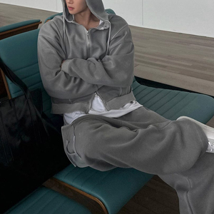 Ensemble survêtement homme KIingSen en molleton bouclette 400 g/m² avec sweat à capuche zippé bidirectionnel et pantalon cargo, délavé à l'acide, respirant, personnalisable, vente en gros - Product Image 2