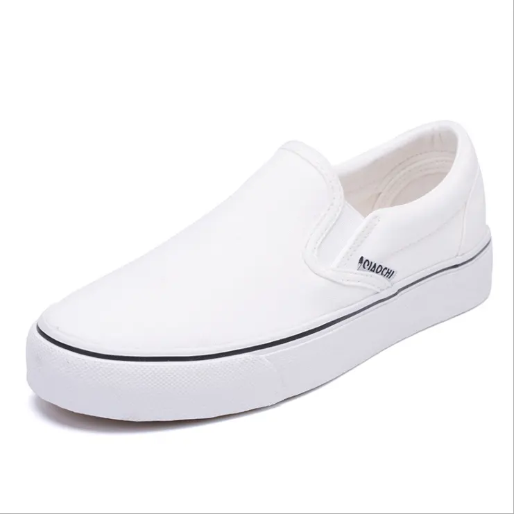Wholesale fashion flat printed plain vulcanized sneakers rubber sole casual slip on loafers custom blank white canvas shoes
