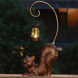 정원 조각 장식 정원 마당 파티오 장식 야외 입상 태양 랜턴과 수지 청동 고양이 동상 - Product Image 4