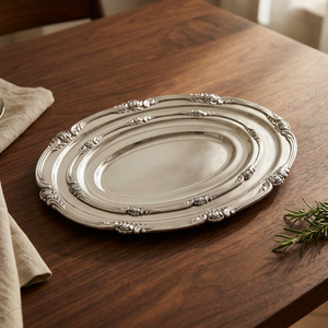 Vintage Luxury Serving Platter Silver Finish Ornate Engraved Metal <b>Tray</b> for Home Wedding Hotel - Product Image 1