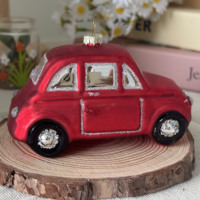 Hiasan Gantung Pohon Natal Mobil Klasik Vintage Ornamen Kaca Figur Merah Perak dengan Glitter