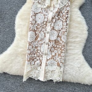 Vestidos de encaje con aberturas y manga corta, elegantes y con diamantes, estilo francés para mujer - Product Image 3