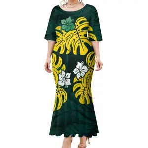 Hot Sales Half Sleeve Upscale Women Long Fishtail Dress Hawaiian Tropical Style Custom Plant Pattern Printing Fish Tail Dress