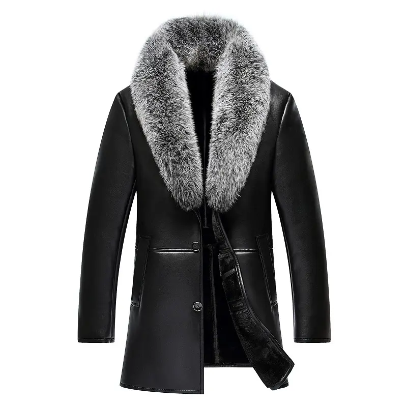 2021 winter new design Fox collars leather coat Genuine leather jackets wool fur lining real fur for men coat