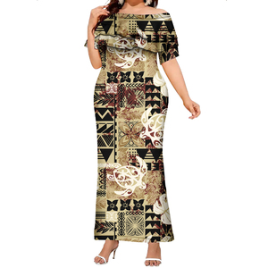 Abito Lungo Aderente con Design Tribale Polinesiano Hawaiano, Elegante Vestito da Donna con Volant e Spalle Scoperte, Taglie Forti, Abbigliamento delle Isole del Pacifico - Product Image 4