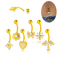 Anneau de nombril Maina en forme de cœur avec nœud papillon et zircon, style barbell, à filetage externe, bijoux de piercing tendance pour le nombril