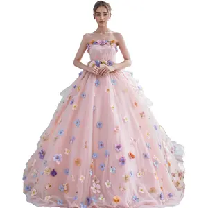 Vestido de baile floral 3D sem alças, vestido de festa com babado, vestido de princesa rosa para baile de quinceanera