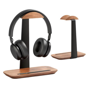Wooden gaming <b>headset</b> <b>stand</b> with phone storage base and pen slot; tabletop iron and wood combination storage rack - Product Image 3