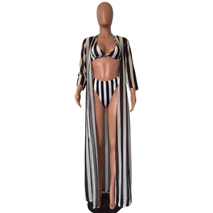 Conjunto de bikini de tres piezas con detalle de lazo a rayas y falda con abertura - Product Image 2