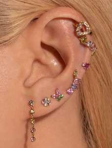Pendientes Colgantes Delicados Minimalistas de Plata de Ley 925 con Baño de Oro Vermeil y Circonitas de Colores para Mujer, con Múltiples Perforaciones - Product Image 2