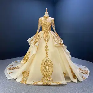 бальное платье рукава Suppliers-Высококачественное роскошное кружевное свадебное платье с длинным рукавом и золотыми блестками большие свадебные платья