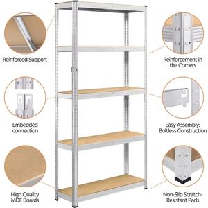 Estantería de Almacenamiento de 5 Niveles, Resistente, Sin Pernos, Ajustable, Galvanizada, de MDF, Diseño Desmontable, para Garaje o Almacén, Color Plateado - Product Image 5
