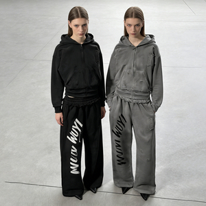 OEM Custom Men's Autumn Casual Vintage Terry Sweatsuit Set | Distressed Acid Wash Zip-Up Hoodie & Printed 2-Piece <b>Tracksuit</b> - Product Image 2